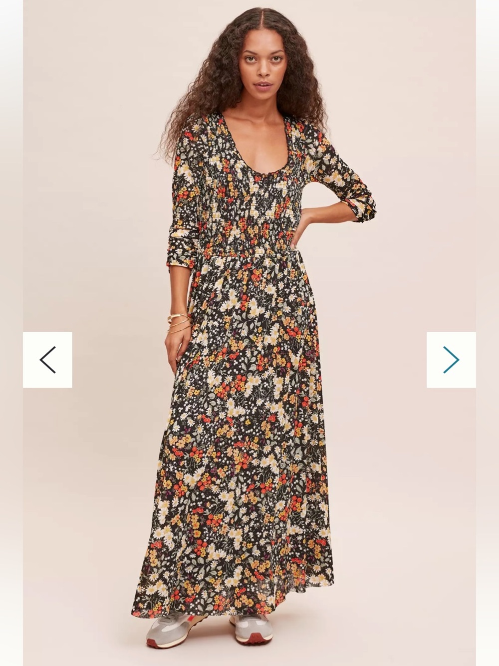 New Anthropologie Maeve Omya Smocked Floral Daisy Fall Winter Black Maxi Dress S